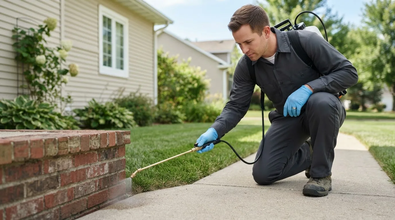 Pest control technician treating a home near Dunkirk, IN