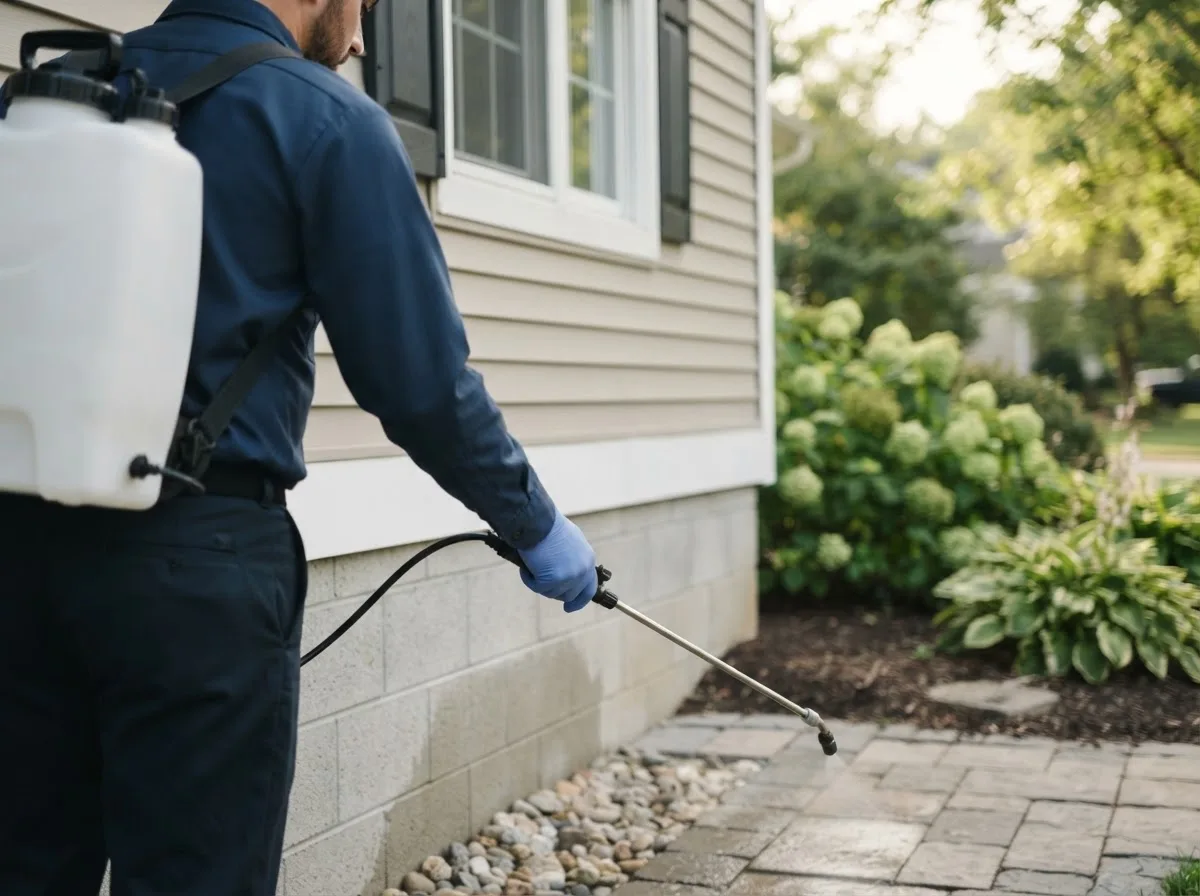 Pest control technician inspecting a home in Dunkirk, IN